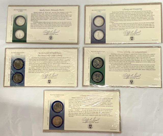 5 State Quarter US Mint First Day Covers: 5 Sealed state quarter US Mint first day covers. 1999 -Delaware - Pennsylvania- New Jersey. 2000- Massachusetts - Maryland. Each set includes one Denver and one Philadelphia mint uncirculated state qu