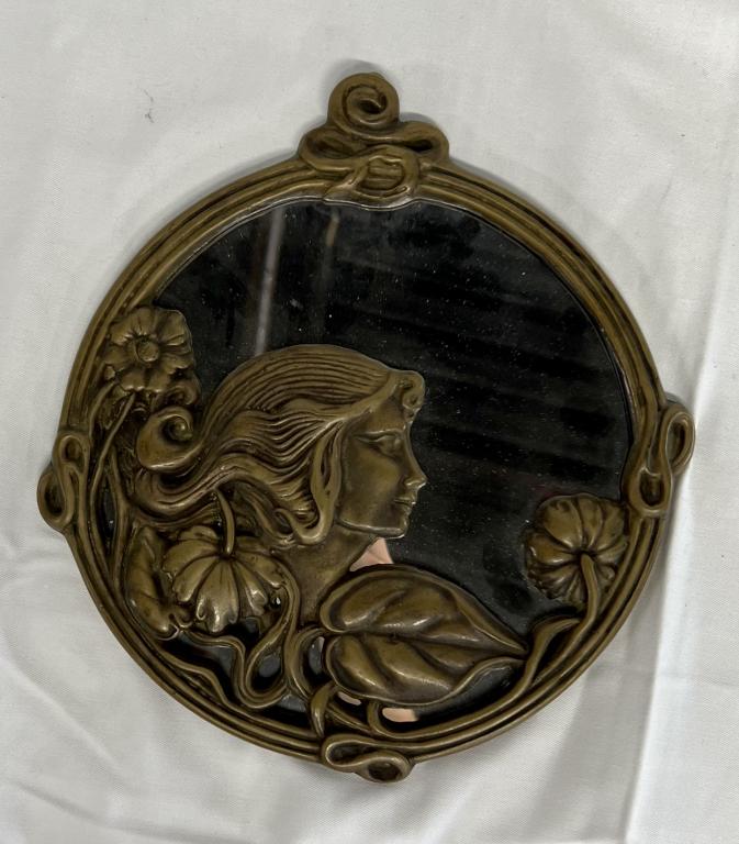 Round Brass Art Nouveau Style Mirror (1 of 2)