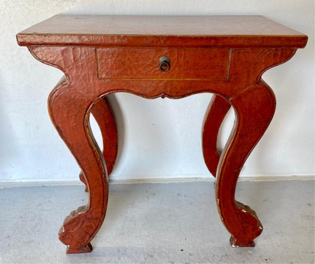 Interesting Vintage Wrapped Table-Brick Red Color: Interesting Vintage Wrapped Table - Brick Red Color With Center Drawer. Leather - Crinkle Look. Some Rubs and Stains as pictured. Apx. 33" W x 17" Deep x 33" H. Photo's are considered part of the desc