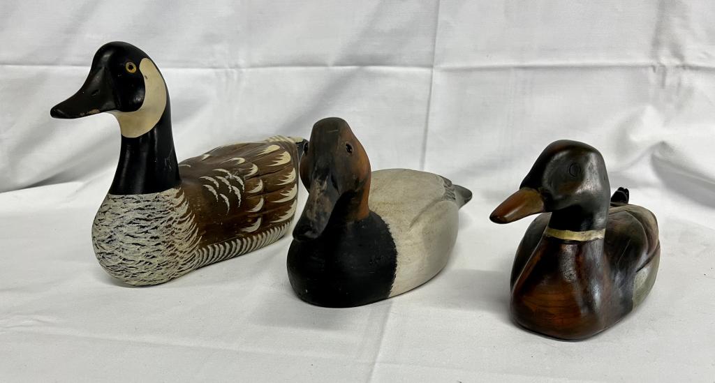 3 Duck Decoys: 3 Duck Decoys. *Mallard Drake - Raymond A. Plotczyk - Apx. 10" L. *Signed DQL" - Apx. 14" L. *No signature - Apx. 12" L. Carved and Beautifully Painted. Photo's are considered part of the description 