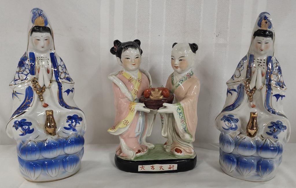 3 Asian Porcelain Figurines: 3 Asian Porcelain Figurines. *2 Vintage Guan Yin Hand Painted Porcelain Statues. Goddess of Mercury - Apx. 9 1/2" H. *"Good Luck" Asian Porcelain Statue - Apx. 8" H. Photos are considered part of the