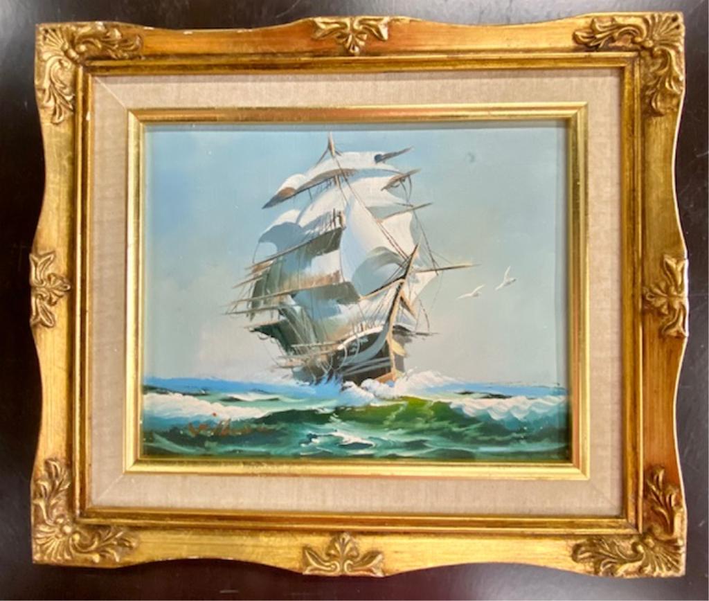 Signed Small Oil on Canvas - Sailing Ship (1 of 5)