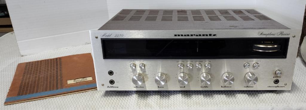 Marantz Stereophonic Receiver Model 2230: Marantz stereophonic receiver model 2230. works. Includes instruction book. Needs cleaning. Appx. 6 1/4 " h X 17 1/4" w. Photos are considered part of the description and condition.