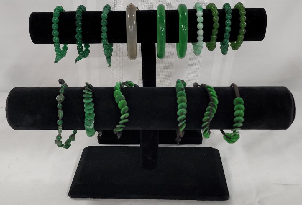 16 Asian Style Green Bangle & Beaded Bracelets: 16 Asian Style Green Bangle & Beaded Bracelets. Jade Like. Photo's are considered part of the description and condition.