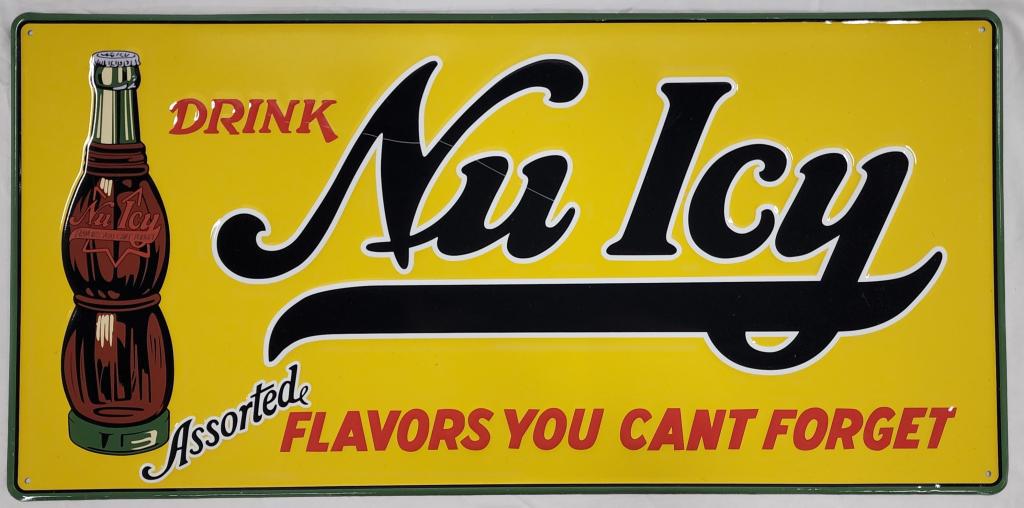 Nu Icy Tin Sign - Reproduction: - Nu Icy tin sign reproduction. - Scratch across front as seen in photos. - Approx. 23 1/2"L X 11 1/2"W. Photos are considered part of the description and condition,