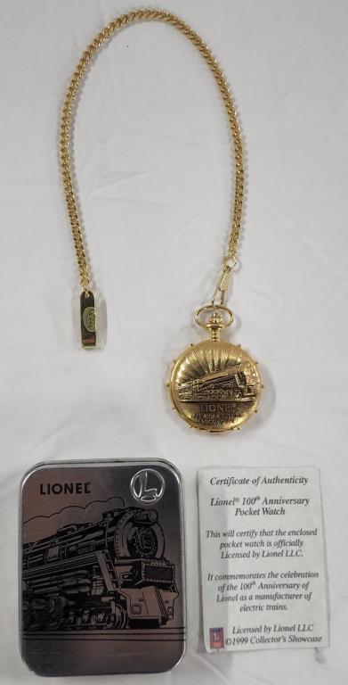 Lionel 100th Anniversary Pocket Watch: Lionel 100th Anniversary pocket watch - COA included. - In collective tin. - Lionel 671 Steam Turbine Locomotive. - Currently working. Photos are considered part of the description and condition.