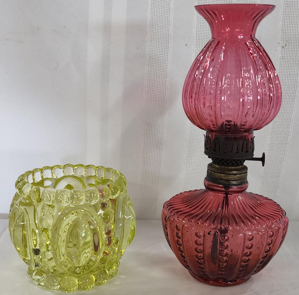 Cranberry Glass Oil Lamp and Yellow Glass Bowl (1 of 8)