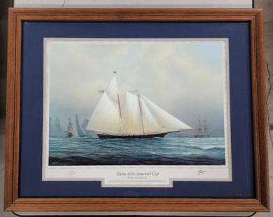 Yachts of America's Cup Framed Print: Yachts of America's Cup framed print. Marked "The Schooner" - special edition. Signatures appear to be part of the print. - Tim Thompson. Photos are considered part of description and condition.