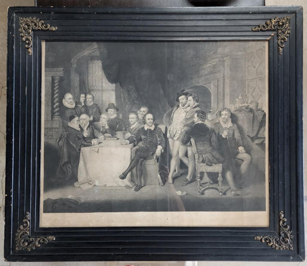 Shakespeare And Friends Engraving/Painting: Shakespeare and friends engraving/painting. - At the Mermaid Tavern. - Etching and painting by John Ford - approx. 32"H X 37"L. - frame shows wear - as shown in pictures. Photos are considered part of