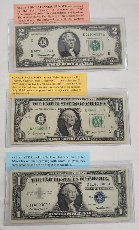 Lot (3) of Collectable Notes: Lot (3) of Collectable Notes. * 1976 Bicentennial $2.00 Note. * Scarce Barr $1.00 note. * Old $1.00 sliver certificate. Photo's are considered part of the description and condition.