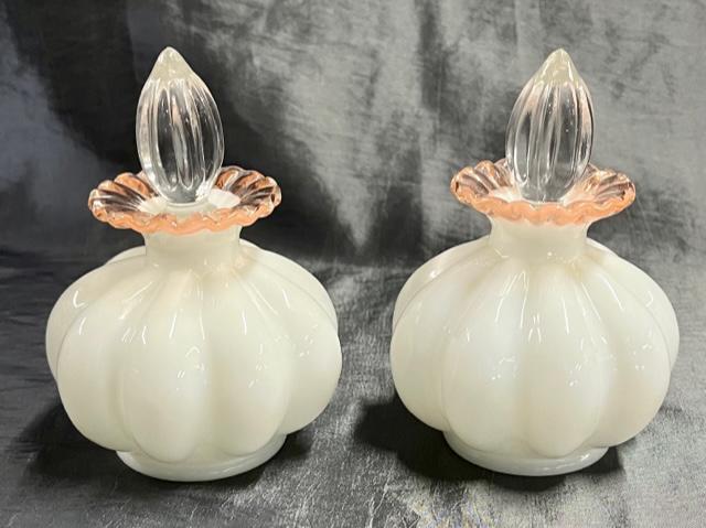 Pair of Vintage Milk Glass Melon Perfume Bottles: Pair of vintage milk glass melon perfume bottles. - with stoppers. - approx. 5"H. Photos are considered part of the description and condition.