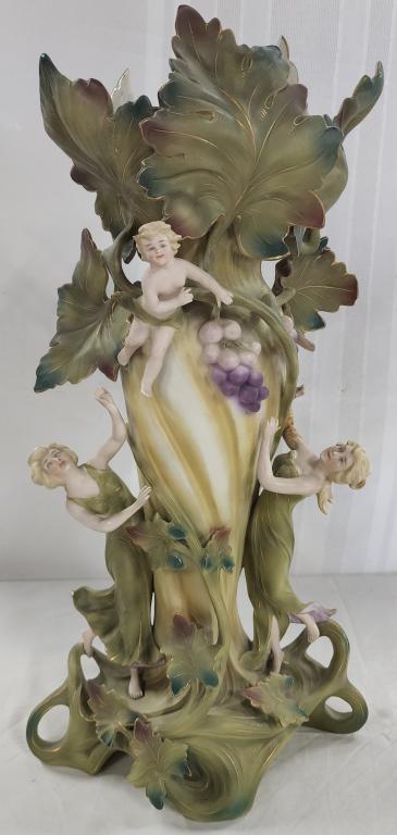 Royal Dux Style/Look Vase: Royal Dux style/look vase. - beautiful inside luster. - arm has been repaired - as shown in pictures. - no other apparent chips or cracks. - some paint wear. approx. 18 1/2"H. Photos are considered pa