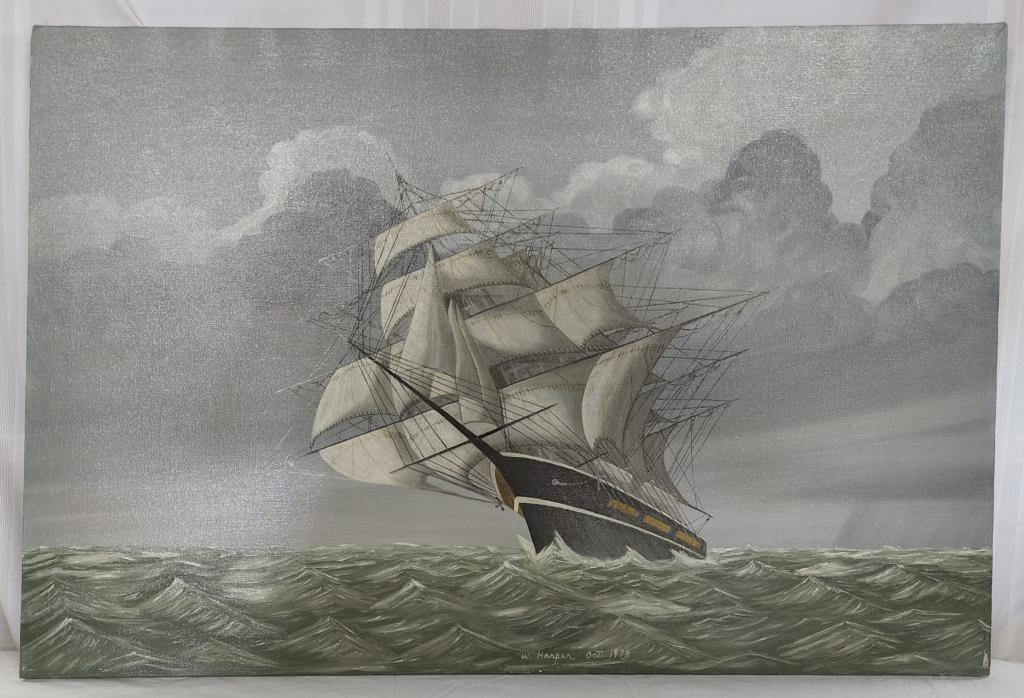 W. Harper signed Oil on Canvas: W. Harper signed oil on canvas. - Oct. 1978. - Sailing ship. approx. 24"H X 36"L. Photo's are considered part of the description and condition.