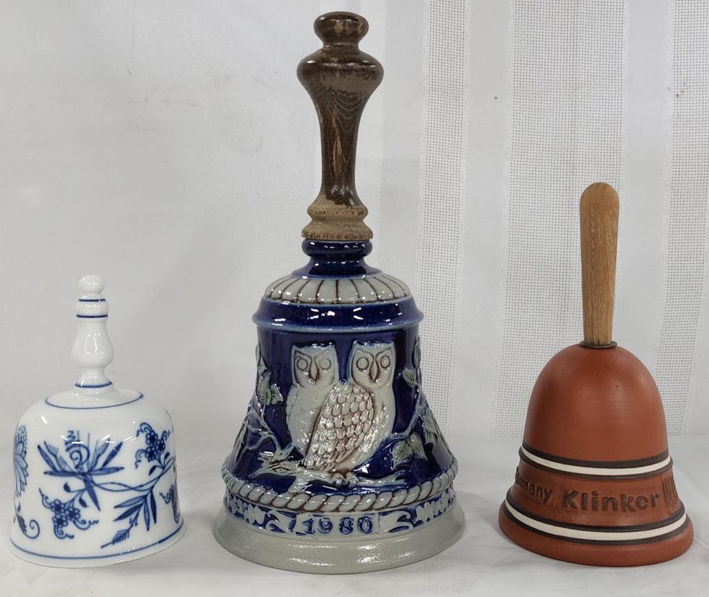 Lot (3 ) Collectible Bells: Lot (3) collectable bells. * Goebel Bavarian Forest annual stoneware bell - 1980 - approx. 9"H. * Meissen blue onion bell - approx. 4 3/4"H. * German terracotta bell - approx. 6 1/4"H. Photos are cons