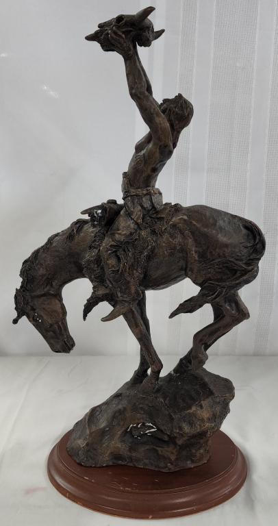 Bronze Buck McCain's "Pray To The Healing Spirit": Buck McCain's "Pray To The Healing Spirit". - bronze sculpture with wood base. - commissioned by Franklin Mint 1988. - approx. 17"H. Photo's are considered part of the description and condition.