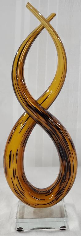 Art Glass Swirl Sculpture: Art glass swirl sculpture. - amber with aventurine double helix swirl on Lucite base. - abstract sculpture. - approx. 13"H. Photo's are considered part of the description and condition.