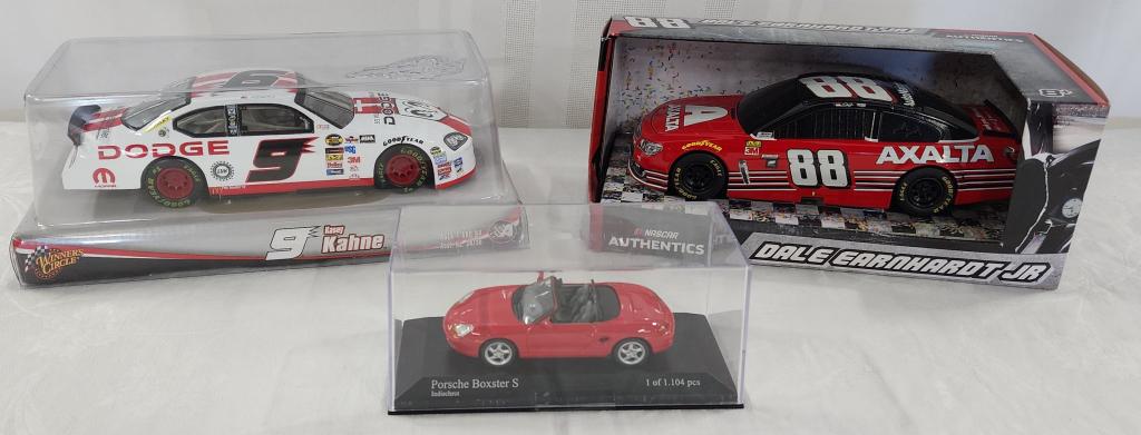 2 Nascar and 1 Porsche Die Cast Cars: 2 Nasar and 1 Porsche die cast cars. * #88 Dale Earnhardt Jr. - Nascar authentics # L217730853 * # 9 Kasey Kahne - Winners Circle * Porsche Boxster S minichamps. - Pavis Model Art. Photo's are conside