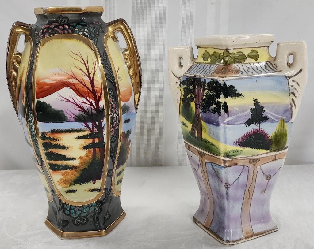 2 Hand Painted Asian Miyako Vases: 2 hand painted Asian Miyako vases. * landscape and floral design. - 1920's - 1941's. - approx. 12"H. * double handle landscape scene. - approx. 10"H. Both vases made in Japan. Photo's are considered p