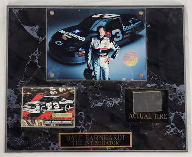 Dale Earnhardt Plaque With COA: Dale Earnhardt plaque with COA. - photograph, collectors card and piece of "actual tire". - approx. 13" H X 10.5"W. Berners does not guarantee authenticity of COA. Photo's are considered part of the d