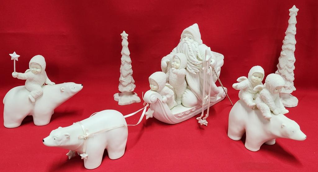 Collection of 5 Department 56 Snow Babies: Collection of 5 Department 56 Snow Babies. - sizes vary from 5.5"H to 9"H. Photo's are considered part of the description and condition. 604-A