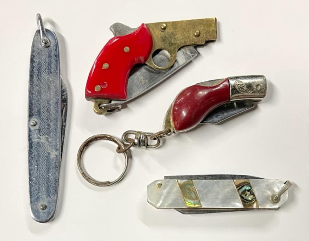 4 Vintage Small Pocket Knives: 4 vintage small pocket knives. * mother of pearl and abalone - 2 blade - approx. 2". * pistol single blade with Bakelite handle - approx. 3 .5" fully opened. * Top/ Luak - vintage pocket knife - appro