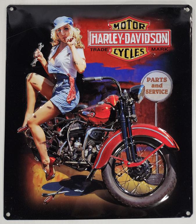 Harley Davidson Advertising Sign: Harley Davidson advertising sign. - parts and service metal wall hanging sign. - "Fixer Up Babe". - approx. 15"H X 13"L. Copyright 2009. Photos are considered part of the description and condition.
