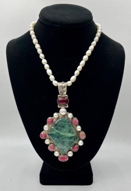 Pearl Necklace w/Sterling Quartz and Ruby Pendant (1 of 10)