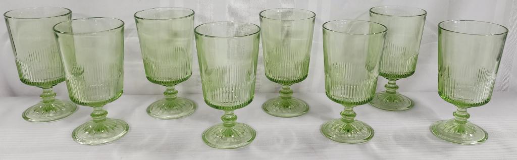 Martha Stewart 8 Pc Glassware: Martha Stewart 8 Pc. Glassware. Set of 8 Green Glass Footed Water Glass Goblets. Apx. 6 1/2" H. Photo's are considered part of the