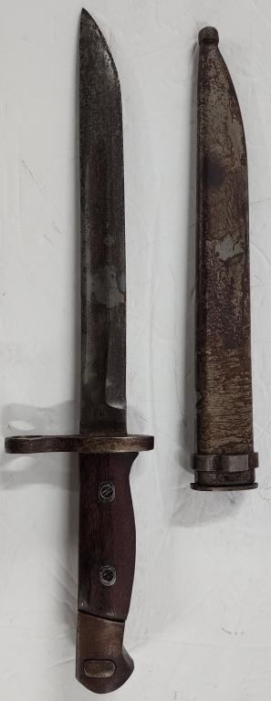 Japanese Style Contemporary Bayonet with Sheath: Japanese Style Contemporary Bayonet With Sheath. - Wood Handle. - Push Button Release. - Has Discoloration. - Marked "8". - Approx. 14"l. Photos Are Considered Part Of The Description And Condition. 7