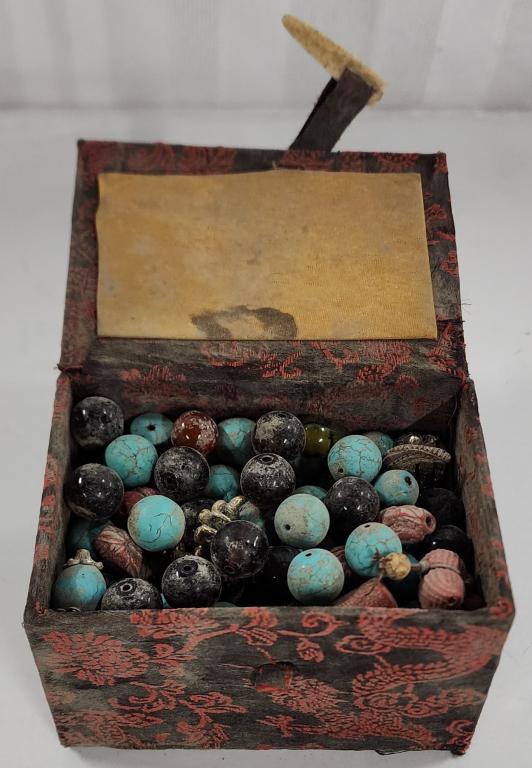 Collection of Natural Stones and Bead Mix: Collection of natural stones and bead mix. - in Asian box. - box is approx. 2.5"H X 4 1/4"L X 3"W. Photos are considered part of description and condition.