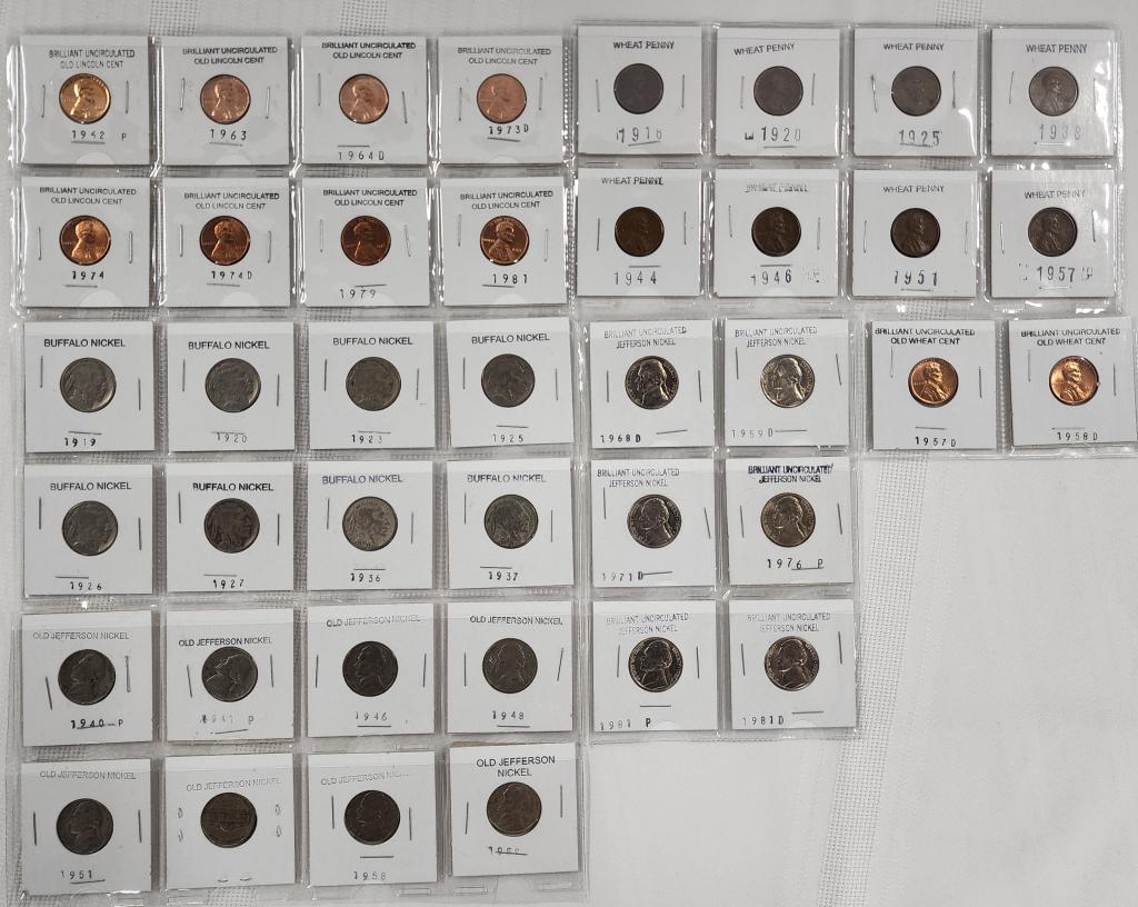 40 Collectible Pennies and Nickels: Collectible pennies and nickels. 40 Coins total. Buffalo nickels, wheat cents, Jefferson nickels. Some uncirculated. Photos are considered part of the description and condition.