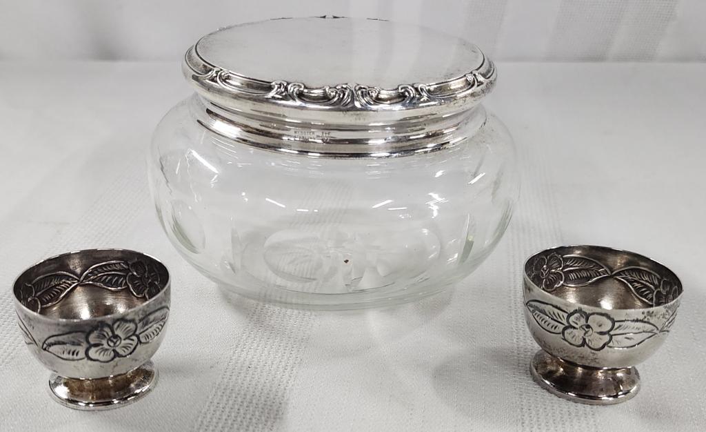 Collection of 3 Sterling Silver Pieces: Collection of 3 sterling silver pieces. * sterling sliver and glass powder jar - Webster Sterling. * pair of 925 sterling salt cellars. 2.68oz - total weight of silver. Photos are considered part of d