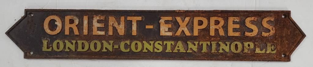 Cast Iron Orient Express Sign: Cast iron Orient Express sign. - approx. 22 1/4"L X 3 3/4"H. Photos are considered part of description and condition. 801-346