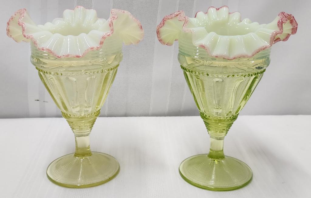 Beautiful Pair of Vaseline Glass Footed Vases (1 of 7)