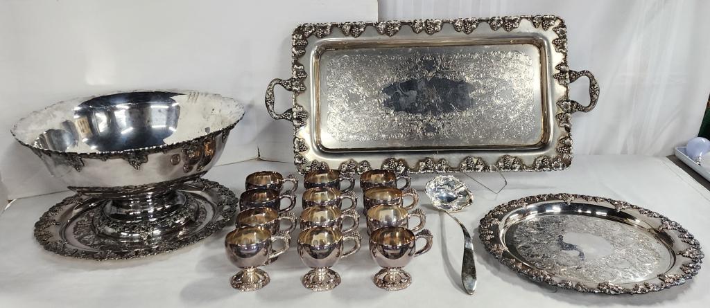 Silver Plate Punch Bowl Set & Serving Trays (1 of 14)
