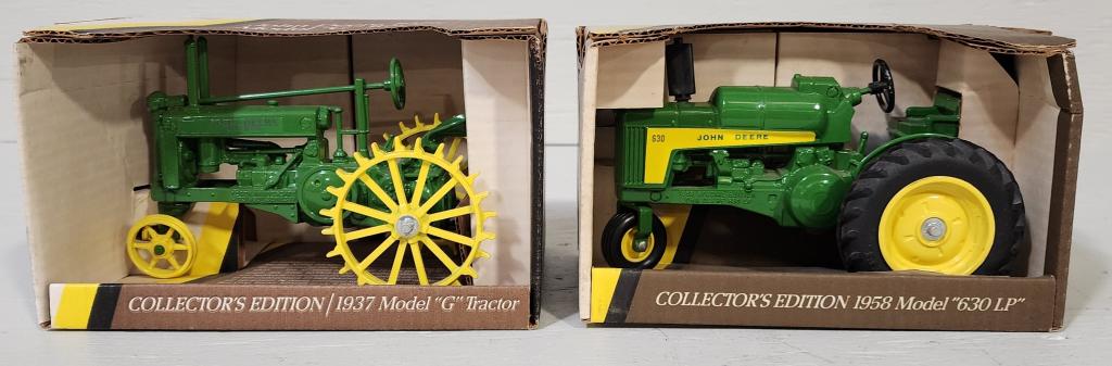 Pair of John Deere Collector Edition Tractors: Pair of John Deere Collector Edition Die Cast Tractors. - Collector's Edition 1937 Model G Tractor. - Collector's Edition 1958 Model 630LP. Still in Original Boxes. Photos Are Considered Part Of The D