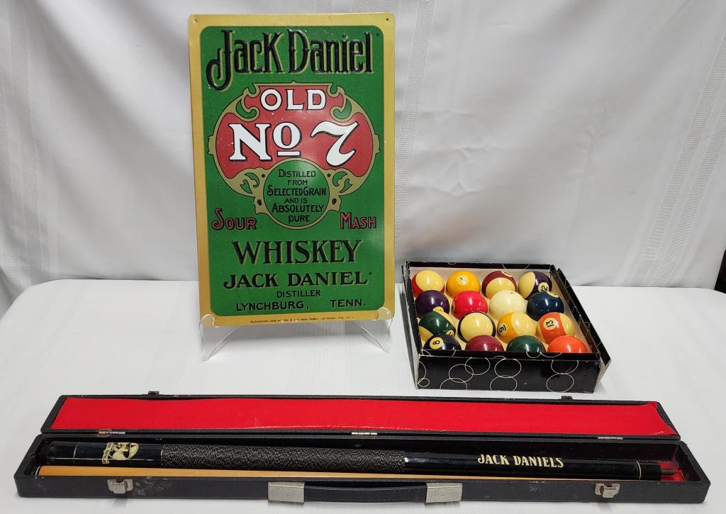 Collection Of Billiard Pool Items: Collection Of Billiard Pool Items. - Jack Daniels Metal Sign Approx. 17 1/4"h X 11 1/4"l. - Complete Set Of Billiard Pool Balls. - Jack Daniels Pool Cue Stick. Comes In Hard Case. Missing Chalk Part I