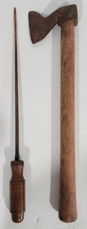 Primitive Style Trade Axe and Ice Pick: Primitive style trade axe and ice pick. - Axe approx. 18.5"L. - Ice pick approx. 19"L. Photos are considered part of the description and condition.
