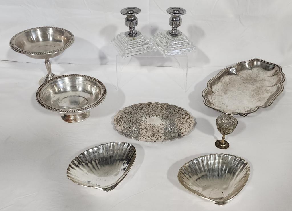 Collection of Silver Plate Serveware: Collection of Silver Plate Serveware. Assorted pieces and sizes. 2 Shell dishes are sterling overlay. Photos Are Considered Part Of The Condition And Description.