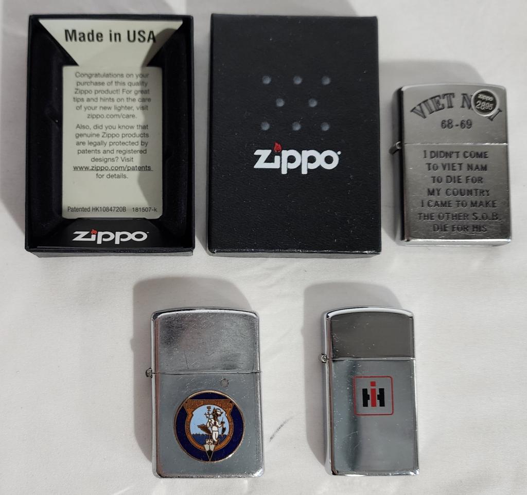 Collection of 3 Vintage Style Zippos: Collection of 3 Vintage Style Zippos. *International Harvester. *USS Fairview . *Viet Nam 68-69 Personally Engraved. Still in Box. "I didn't come to Viet Nam to die for my country I came to make the o