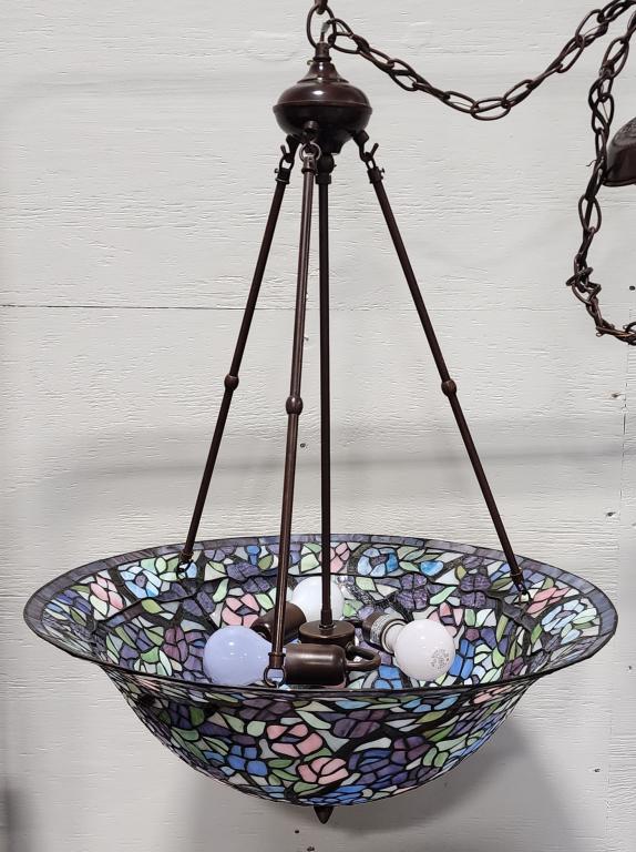 Beautiful Leaded Glass Hanging Light: Beautiful Leaded Glass Hanging Pendant Light. Tiffany Style Floral Inverted Hanging Chandelier. Approx. 32"H x 23" Diameter. Photos Are Considered Part Of The Description and Condition.