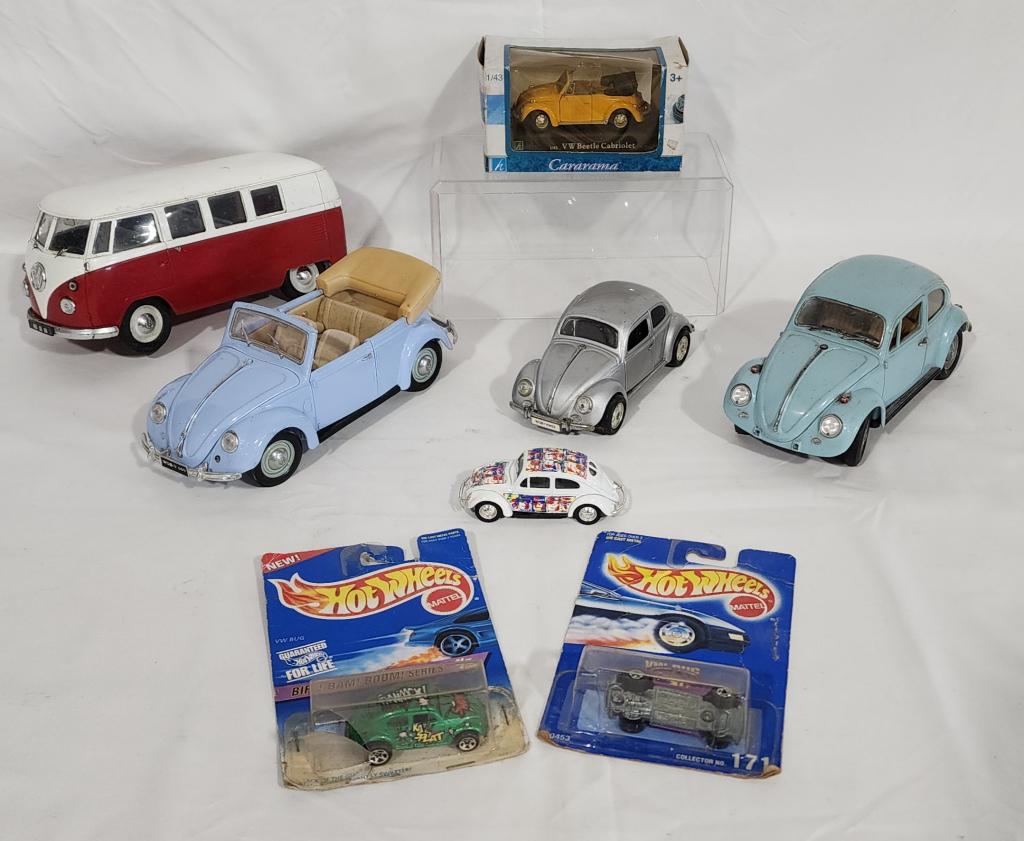Collection of 8 VW Die Cast Collectible Cars: Collection of 8 VW Die Cast Collectible Cars. Assorted. In Aged Condition. VW Van Missing 1 Wheel. Photos Are Considered Part Of The Description And Condition.