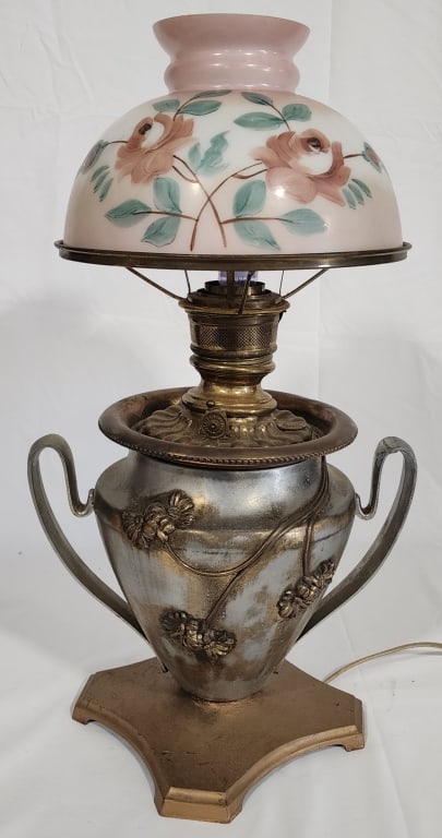 Electrified Oil Lamp w/ Hand Painted Glass Shade (1 of 9)