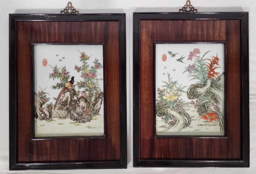 Pair of Signed Asian Hand Painted Tiles (1 of 12)