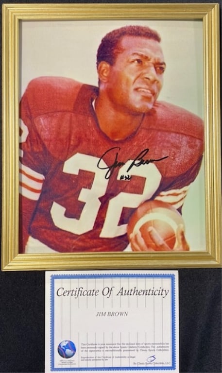 Signed Jim Brown Picture w/ COA: Signed Jim Brown Picture with Certificate of Authenticity. Framed. Approx. 11"H x 9"W. Berner's does not guarantee authenticity of signature or COA. Photos Are Considered Part Of The Description And C