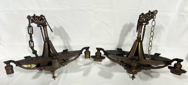 Pair of Metal 5 Light Chandeliers: Pair of Metal 5 Light Chandeliers. Iron? Brass? Both need rewiring. 1 missing dome around lights. Heavy. Approx. 17"H x 19" diameter. Photos Are Considered Part Of The Description And Condition. 801-3