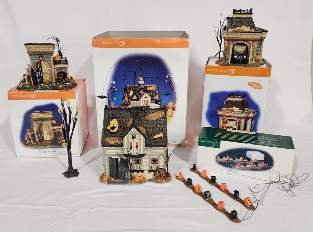 Department 56 Snow Village Halloween Decorations: Department 56 Snow Village Halloween Decorations. *Creepy Carriage House-Lights up and Bats fly around the roof. In original packaging. *Grimsly's Garage-Car headlights light up. In original packaging