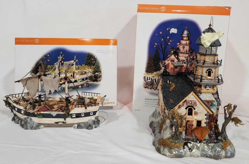 Department 56 Snow Village Halloween Decorations: Department 56 Snow Village Halloween Decorations. *Shipwreck Lighthouse. Lights up and the glow in the dark ghost flies round the roof. Light in the tower does not work. may need a new bulb. In origin