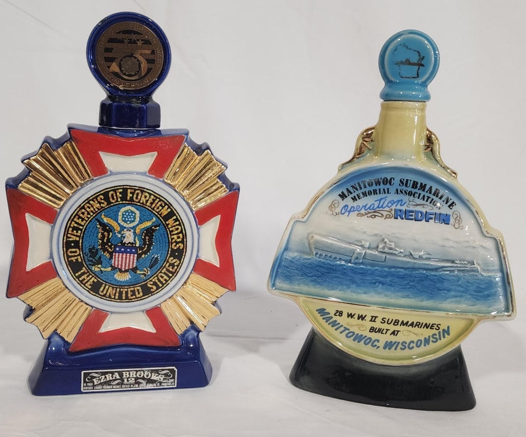 Pair of Military Themed Decanter Bottles: Pair of Military Themes Decanter Bottles. *Manitowoc Submarine Memorial Association Operation Redfin. 28 WWII Submarines Built at Manitowoc, Wisconsin. Jim Beam Decanter. Approx. 11.5"H. *Veterans for