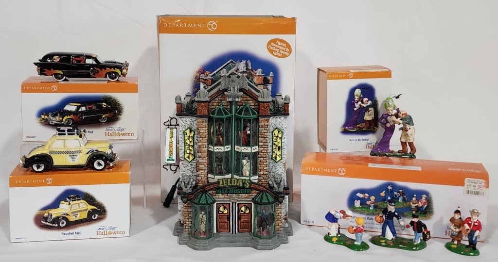 Department 56 Snow Village Halloween Decorations: Department 56 Snow Village Halloween Decorations. *Zelda's Wax Museum. Illuminated by Flashing Spooky Lights. *Halloween Hot Rod. *Haunted Taxi. *Bats in my Belfy. *Set of 3 Halloween Kids Figurines. 